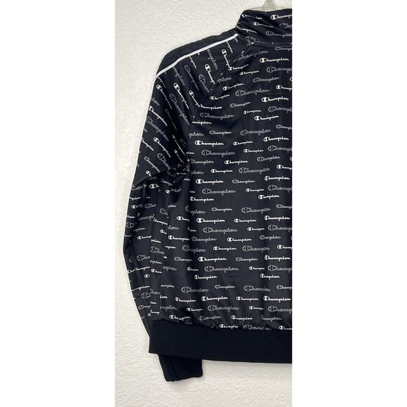 Champion Full Zip Track Jacket Sz L With Pockets Black All Over Print Arm Stripe - Picture 6 of 10
